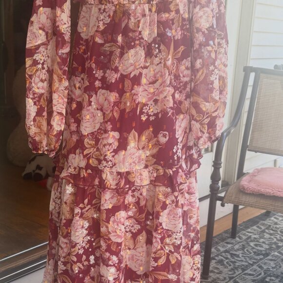 Altar'd State XS Maxi Dress Prom Lined Maroon Flowers Sequins Halter Bow Ruffles - Picture 6 of 7